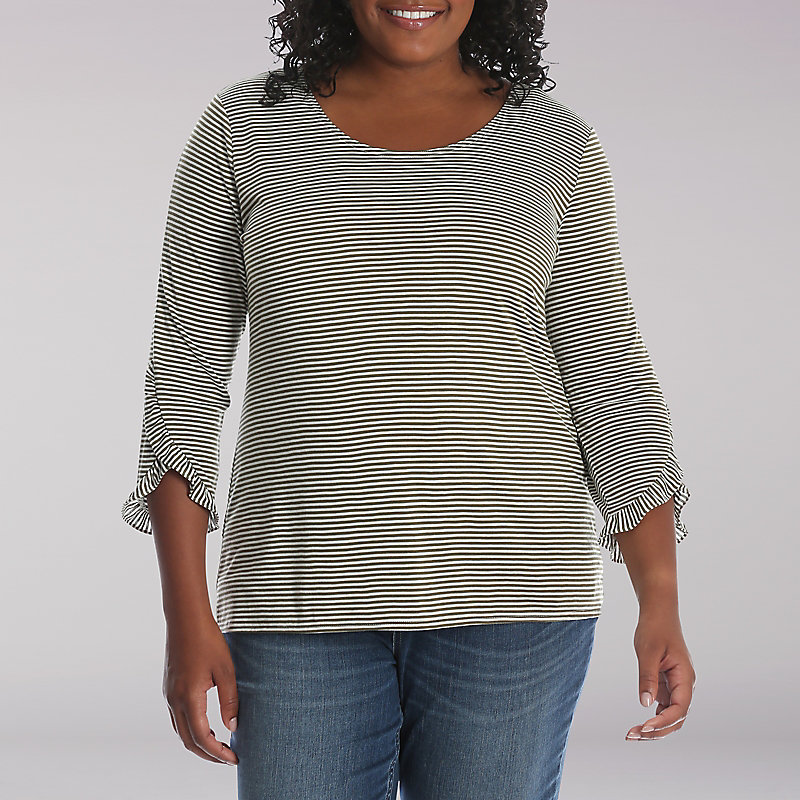 Lee Riders 3/4 Sleeve Stripe Knit Top with Ruffle Trim Sleeves - Plus