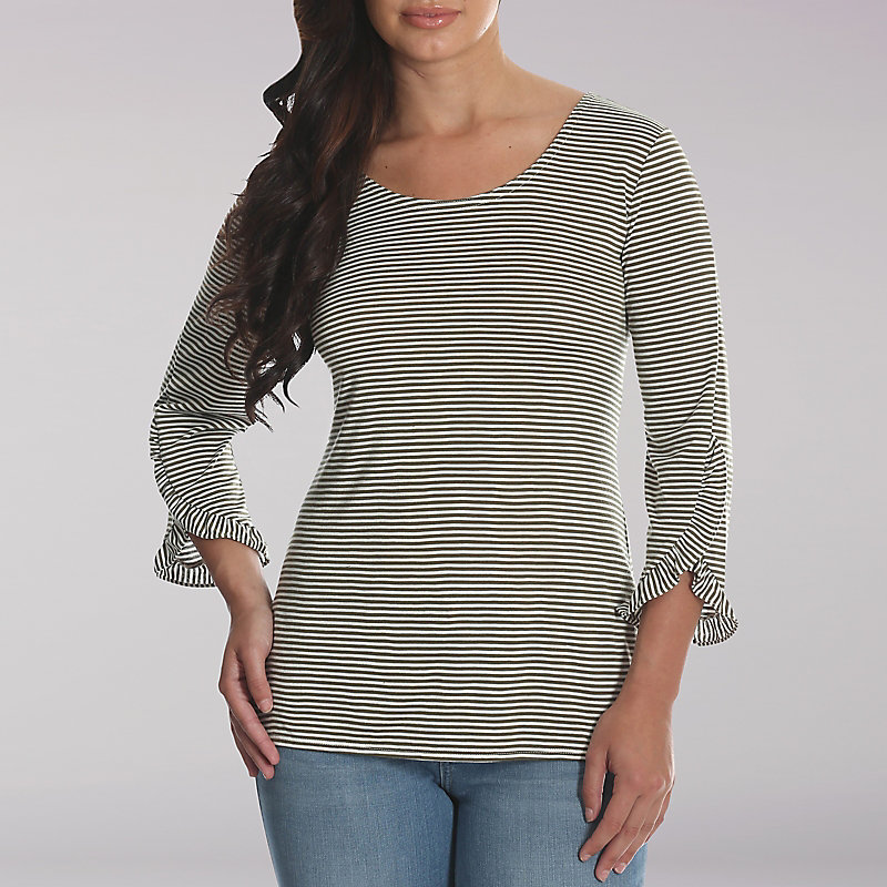 Lee Riders 3/4 Sleeve Stripe Knit Top with Ruffle Trim Sleeves