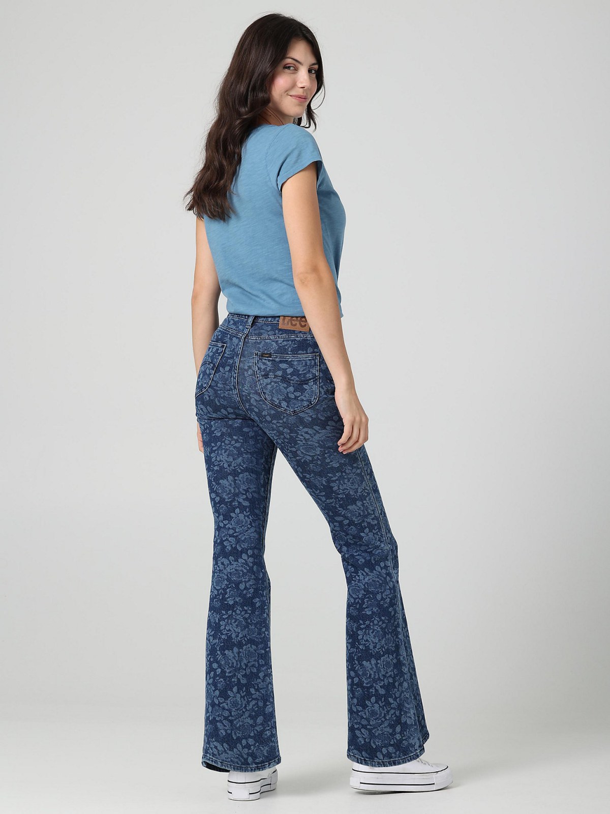 WOMEN'S VINTAGE MODERN HIGH RISE FLARE JEAN  IN FLORAL LASER