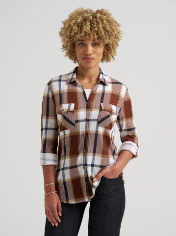 Women's Double Pocket Plaid Button Down Shirt