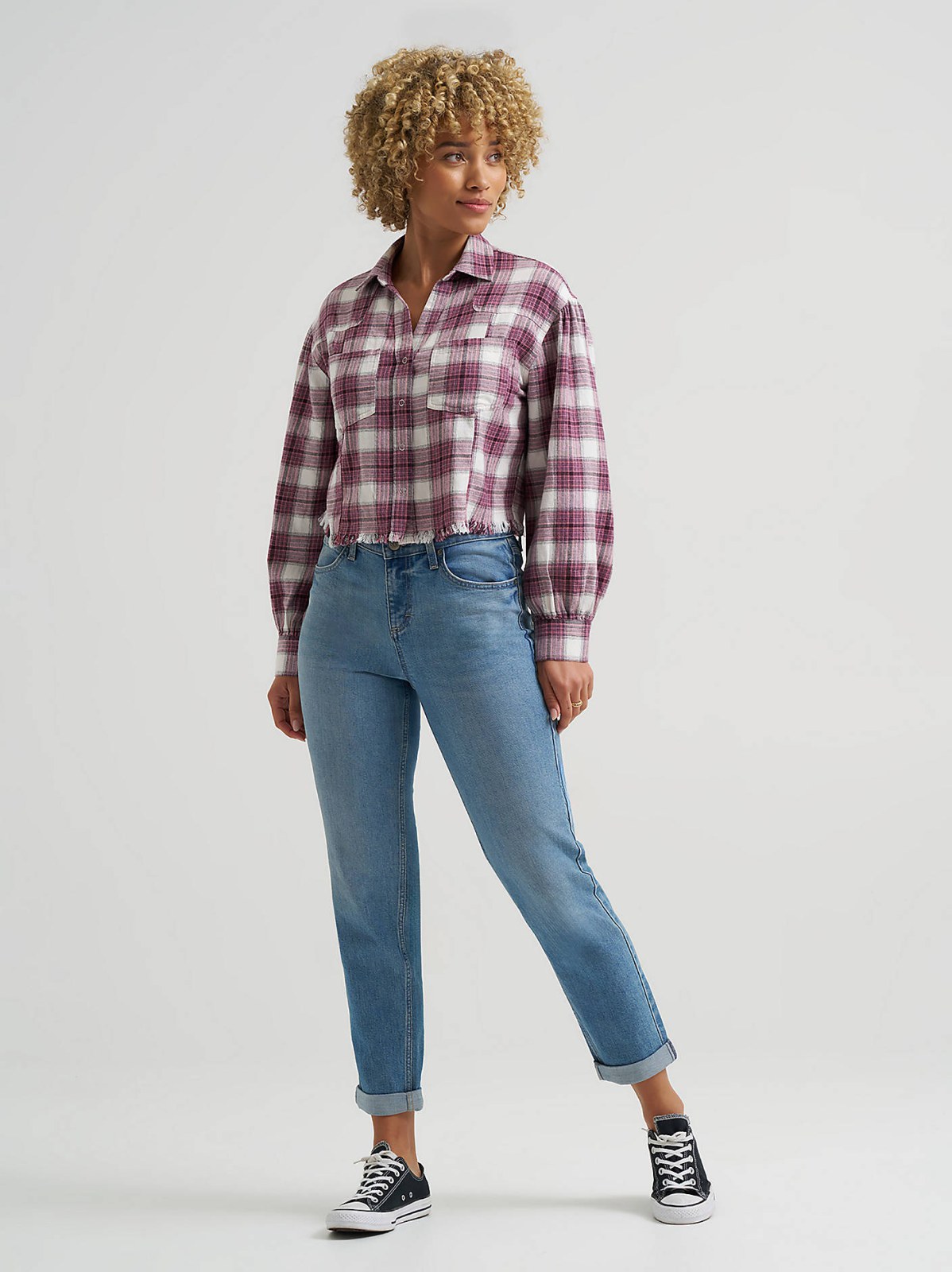 Women's Plaid Flannel Crop Shirt with Raw Hem - view 4