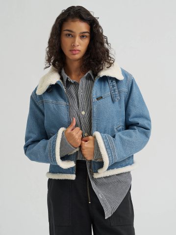 Women's Premium Sherpa Lined Aviator Denim Jacket — alternate view