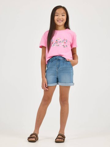 Girl's Drop Shoulder Crop Floral Logo Tee