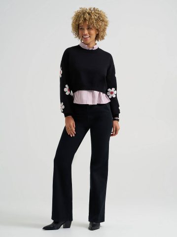 Women's Daisy Print Sleeve Crop Sweater