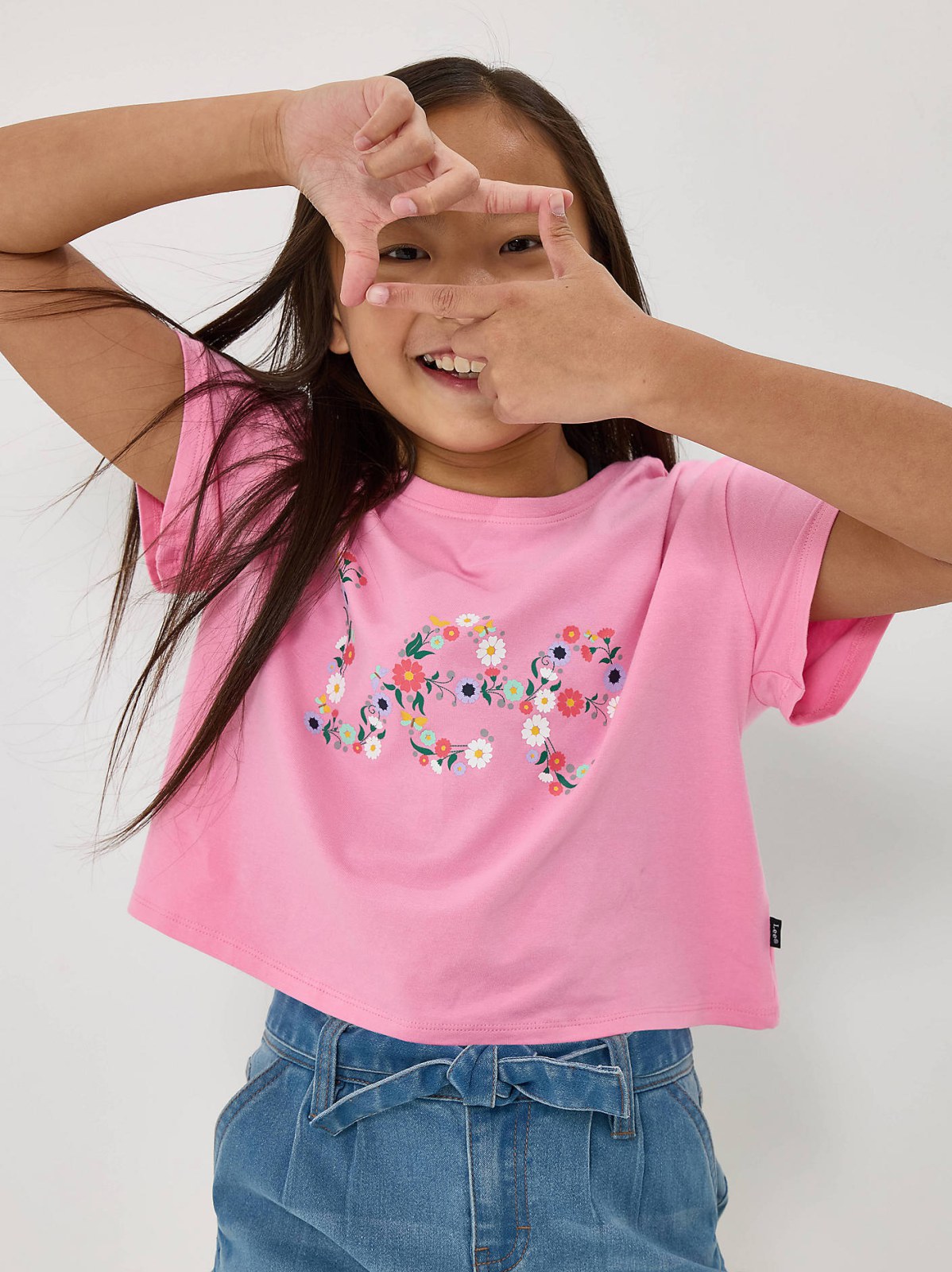 Girl's Drop Shoulder Crop Floral Logo Tee - view 5
