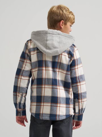 Boy's Flannel Sherpa Shacket with Fleece Lined Hood