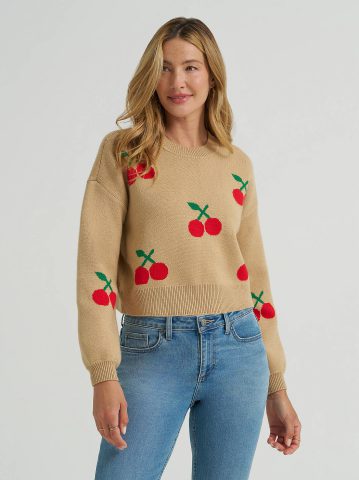 Women's Cherry Print All Over Crop Sweater Women's Cherry Print All Over Crop Sweater