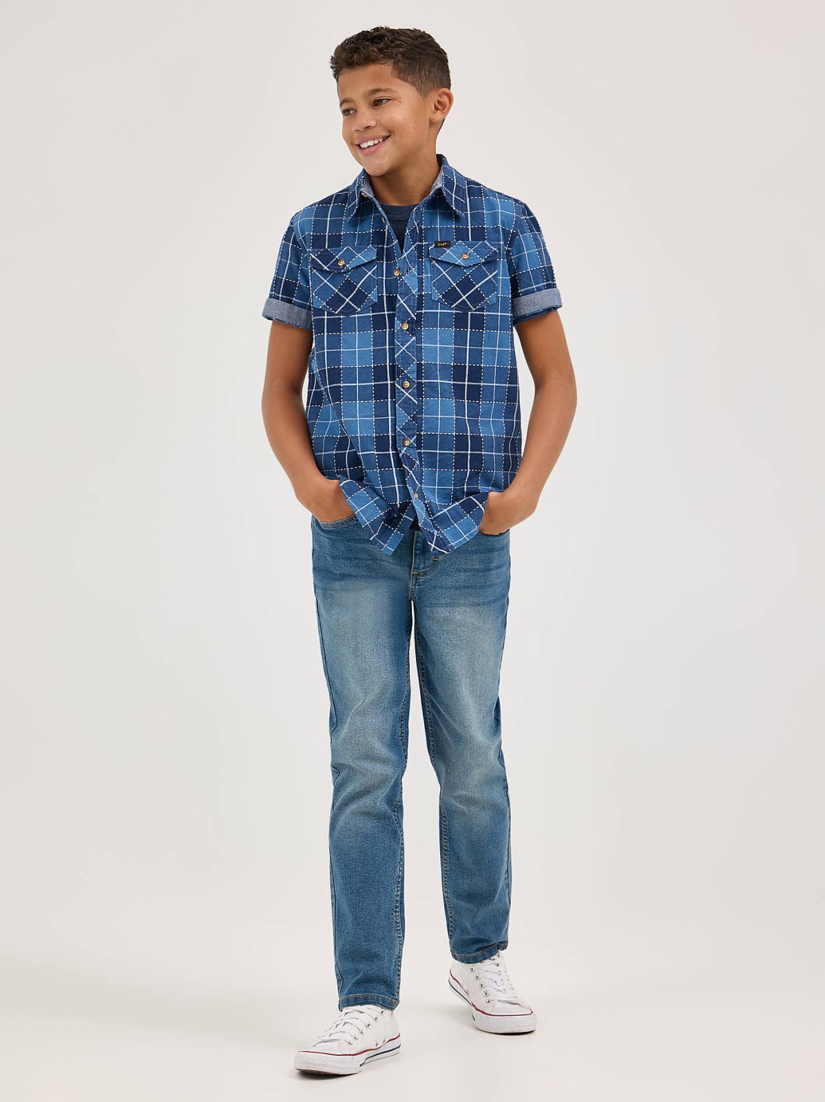 Boy's Chambray Plaid Button Down Shirt - view 4