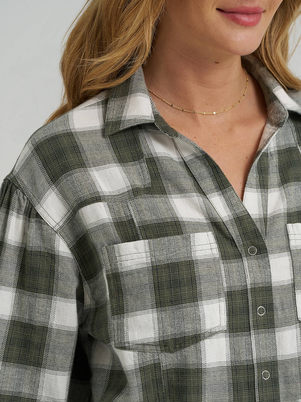 Women's Plaid Flannel Crop Shirt with Raw Hem - view 3