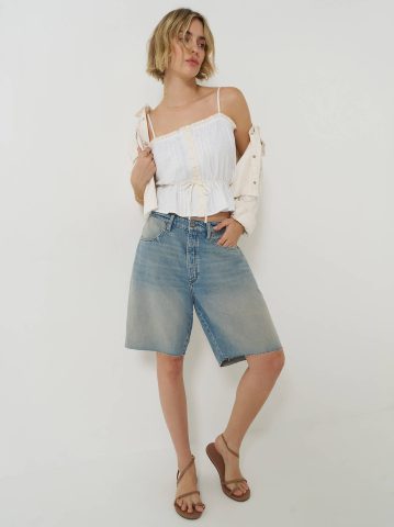 Women's Low Rise Button-Fly Darted Slouch Denim Bermuda Women's Low Rise Button-Fly Darted Slouch Denim Bermuda