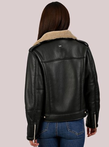 Women's Sherpa Lined Vegan Leather Moto Jacket — alternate view
