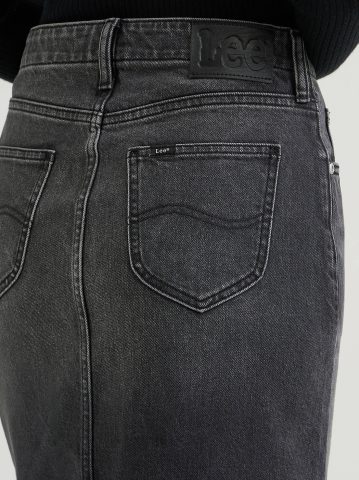 Women's High Rise Zip Front Denim Midi Skirt