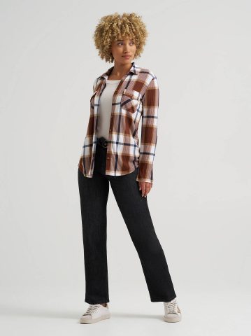 Women's Double Pocket Plaid Button Down Shirt