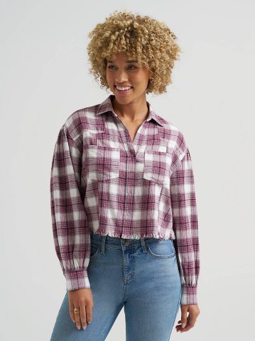 Women's Plaid Flannel Crop Shirt with Raw Hem Women's Plaid Flannel Crop Shirt with Raw Hem
