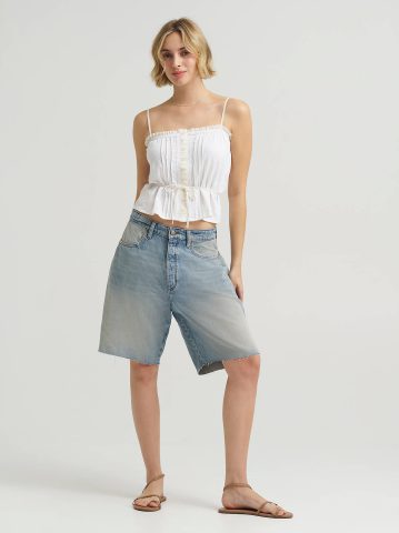 Women's Low Rise Button-Fly Darted Slouch Denim Bermuda
