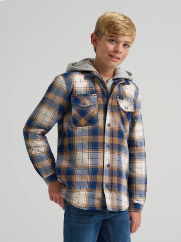 Boy's Flannel Sherpa Shacket with Fleece Lined Hood Boy's Flannel Sherpa Shacket with Fleece Lined Hood