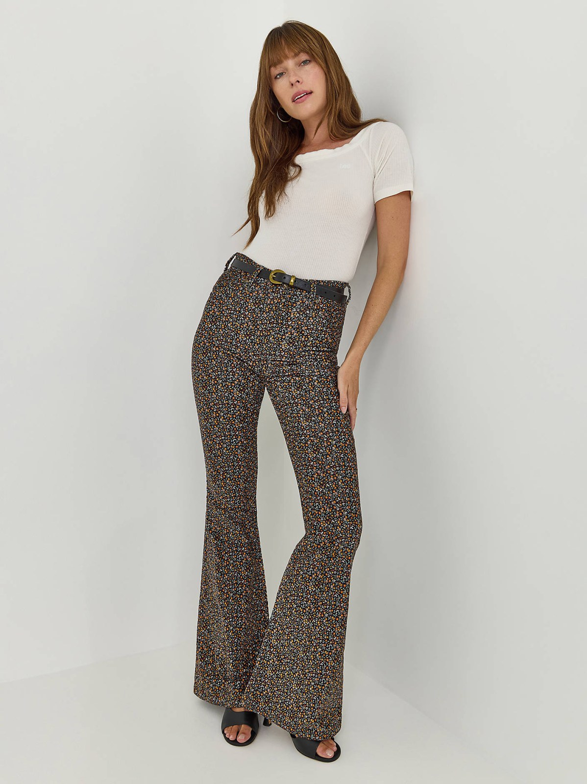 Women's High Rise Floral Print Corduroy Flare Jean