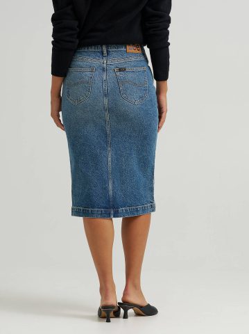 Women's High Rise Zip Front Denim Midi Skirt