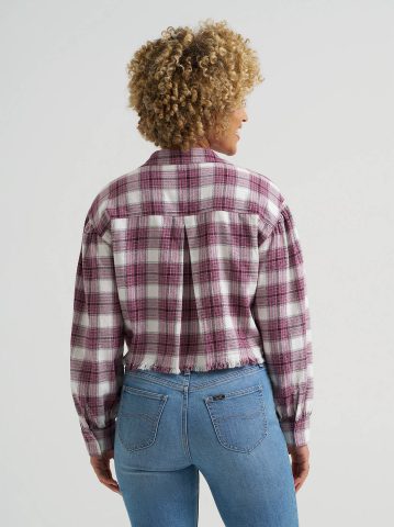 Women's Plaid Flannel Crop Shirt with Raw Hem — alternate view