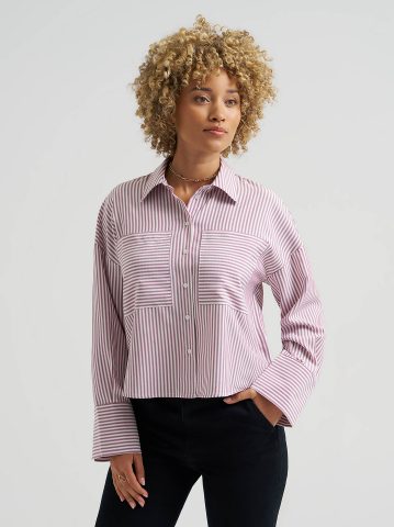 Women's Striped Crop Button Down Shirt