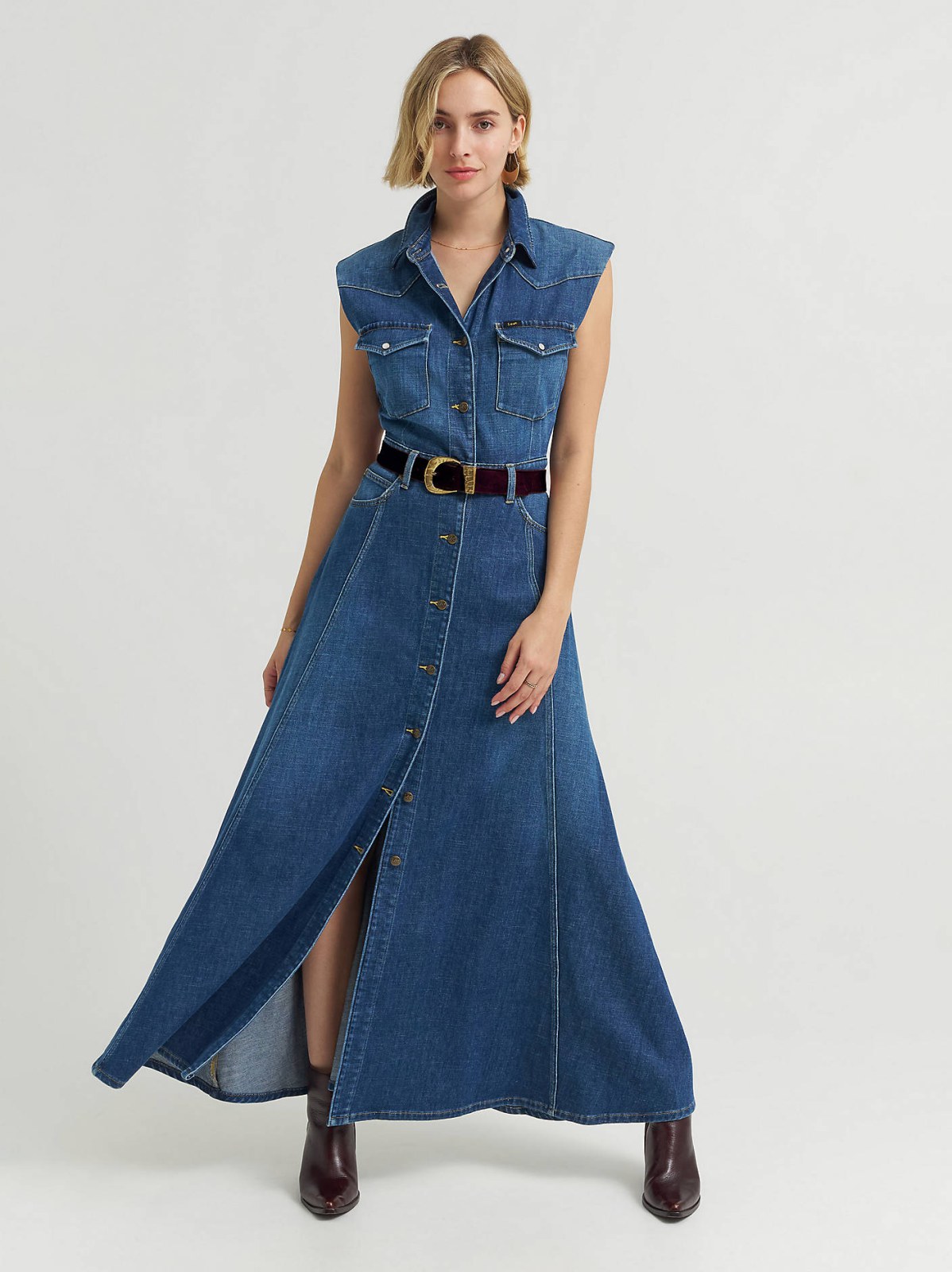 Women's Belted Maxi Shirt Dress