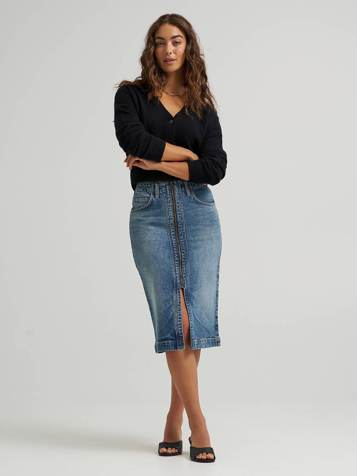 Women's High Rise Zip Front Denim Midi Skirt