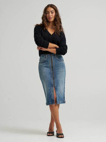 Women's High Rise Zip Front Denim Midi Skirt