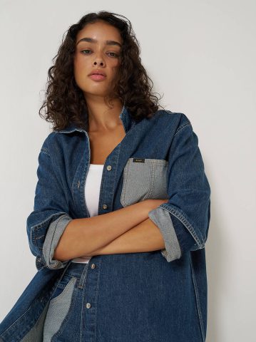 Women's Reversed Denim Oversized Button Up Shirt Women's Reversed Denim Oversized Button Up Shirt