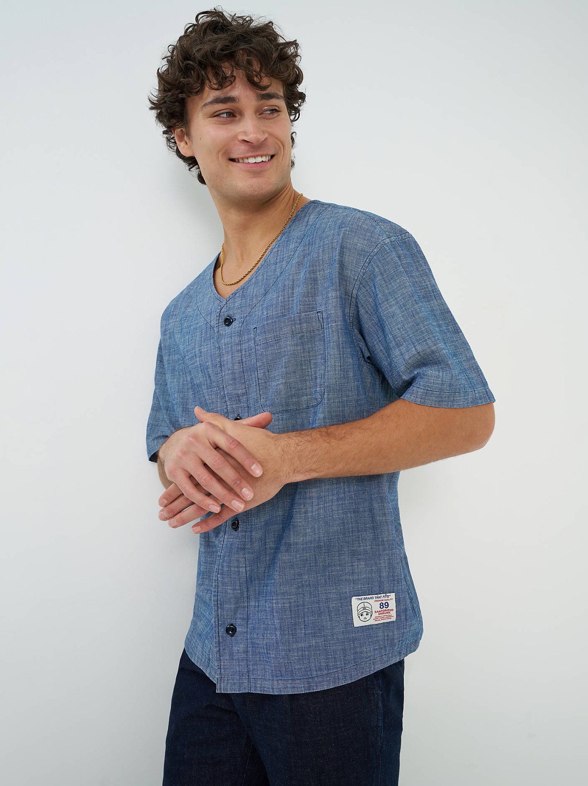 Men's Loose Chambray Button Down Baseball Shirt - view 2