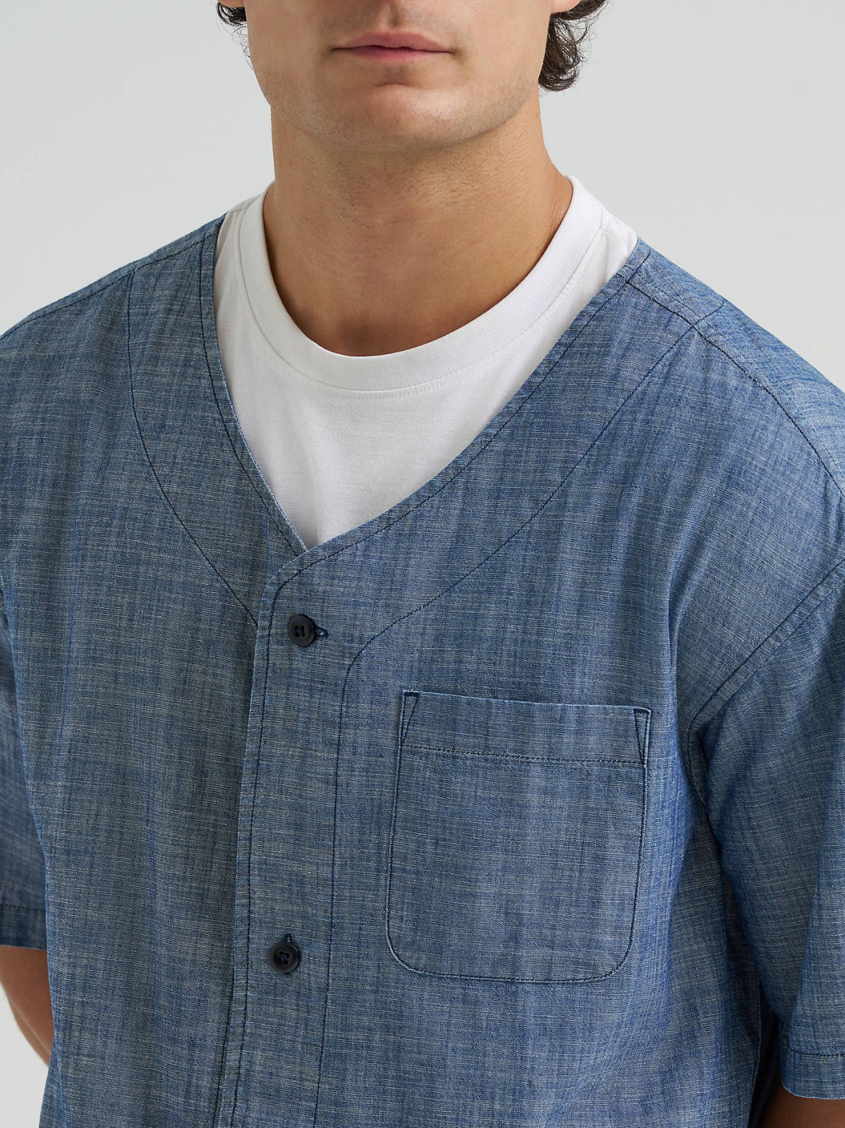 Men's Loose Chambray Button Down Baseball Shirt - view 4