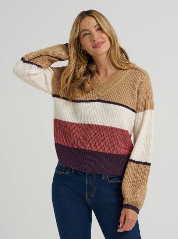 Women's Ribbed V-Neck Color Block Sweater Women's Ribbed V-Neck Color Block Sweater