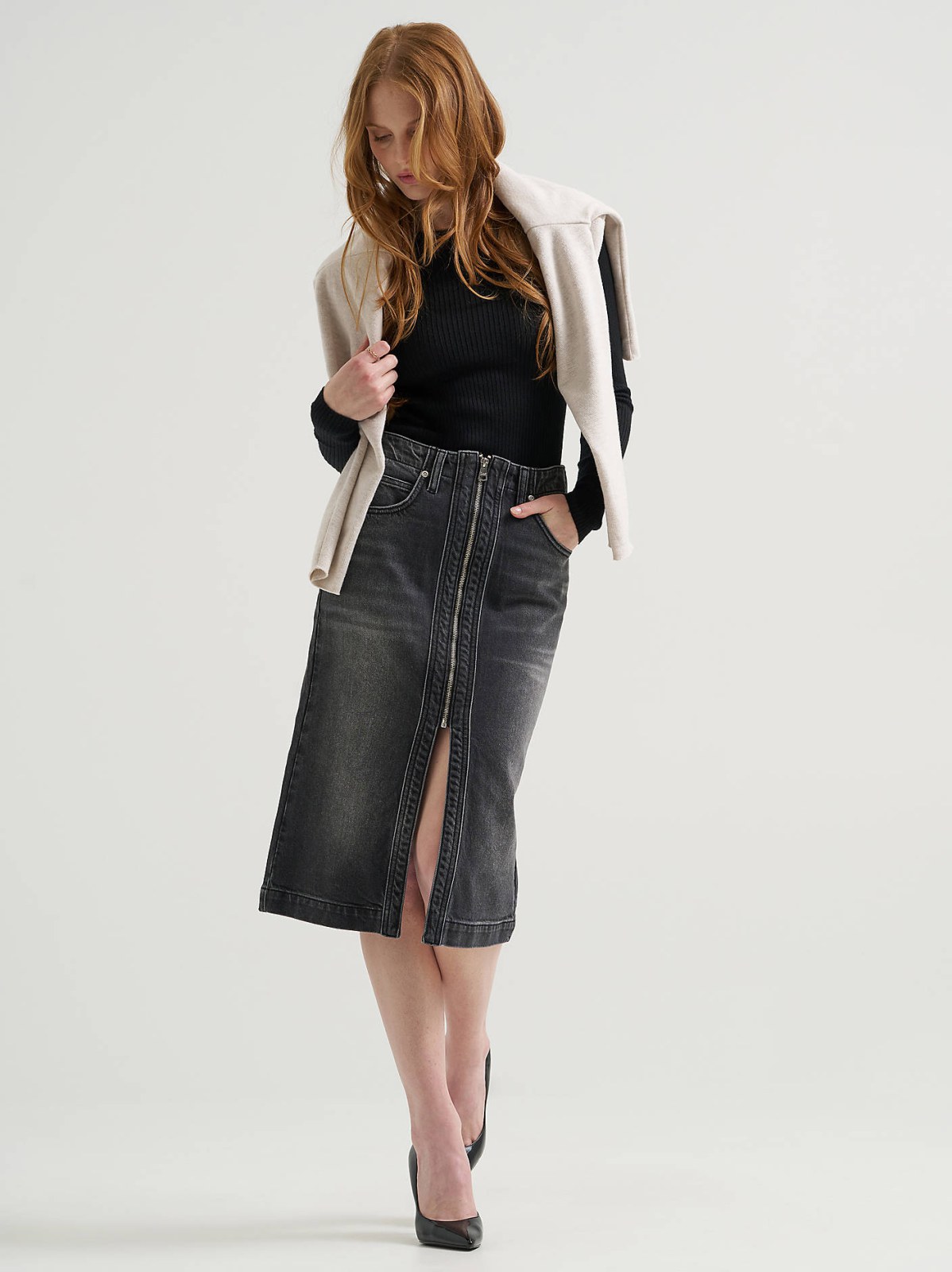 Women's High Rise Zip Front Denim Midi Skirt - view 7