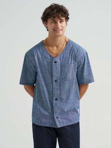 Men's Loose Chambray Button Down Baseball Shirt Men's Loose Chambray Button Down Baseball Shirt