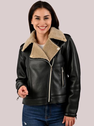 Women's Sherpa Lined Vegan Leather Moto Jacket Women's Sherpa Lined Vegan Leather Moto Jacket