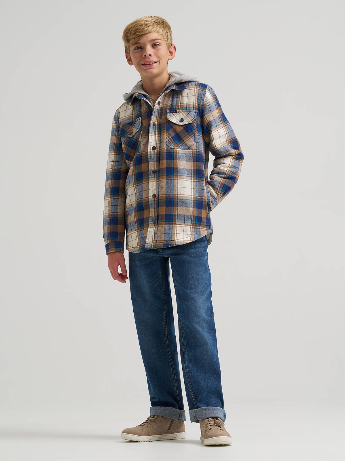 Boy's Flannel Sherpa Shacket with Fleece Lined Hood - view 5