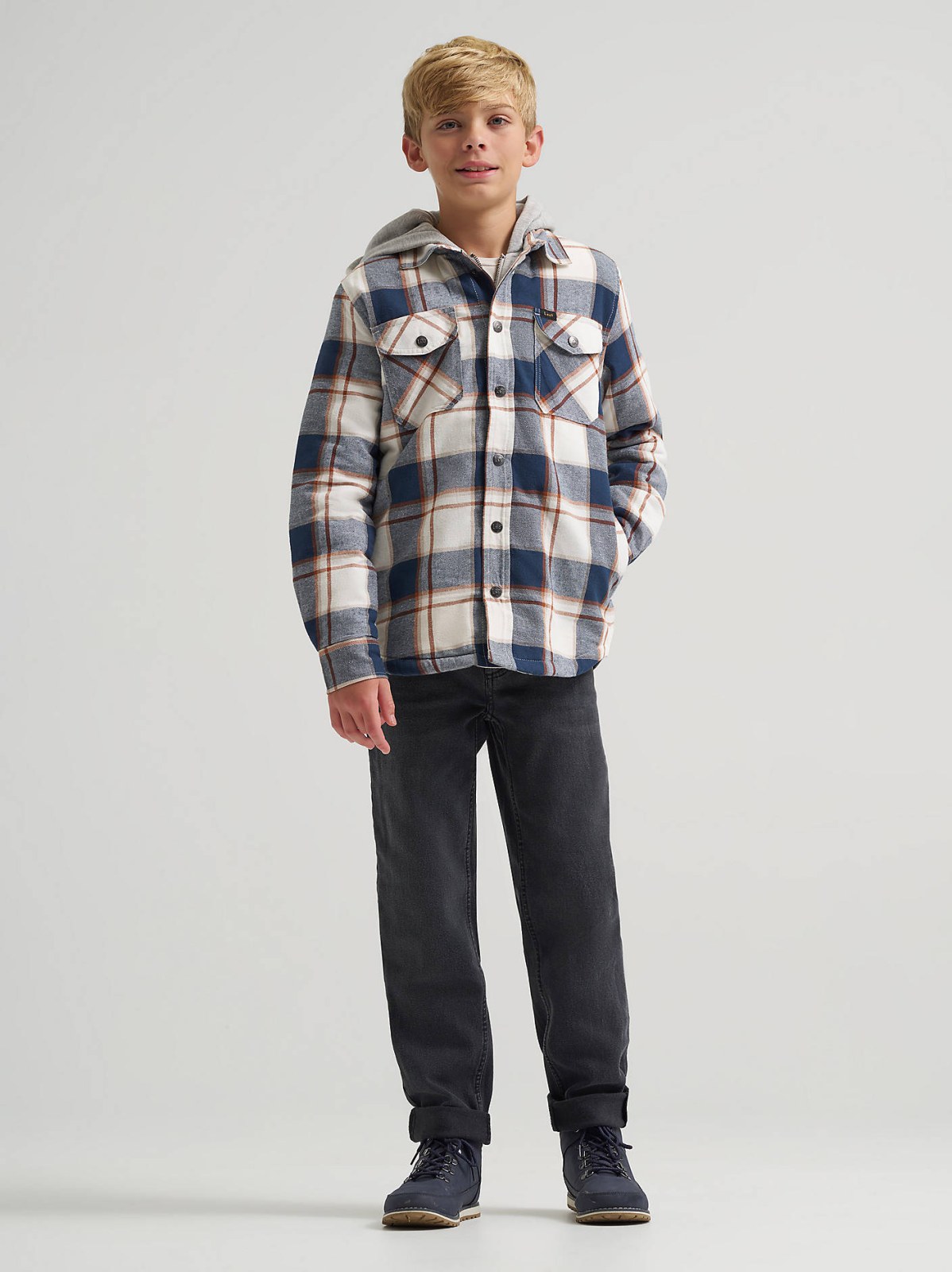 Boy's Flannel Sherpa Shacket with Fleece Lined Hood - view 5