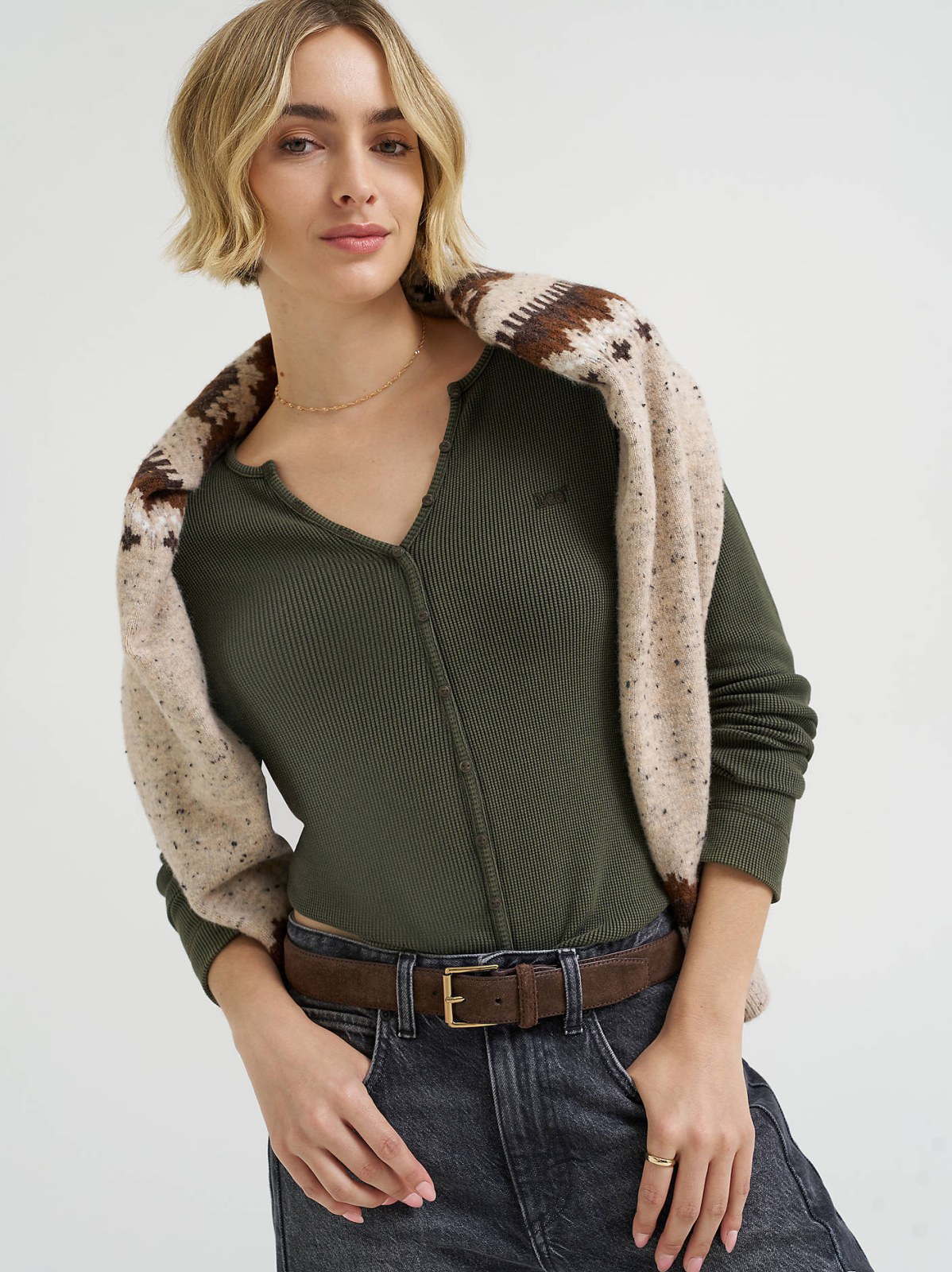 Women's Waffle Knit Henley Button Down Top