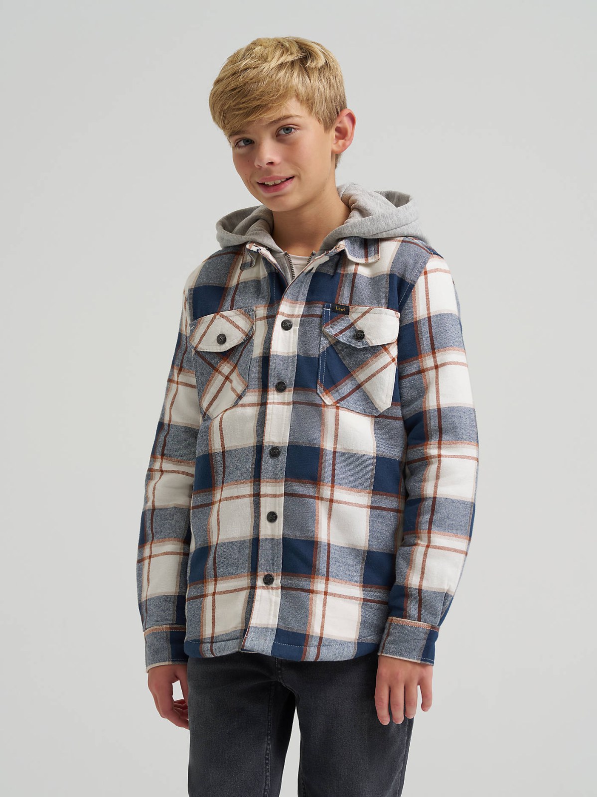 Boy's Flannel Sherpa Shacket with Fleece Lined Hood