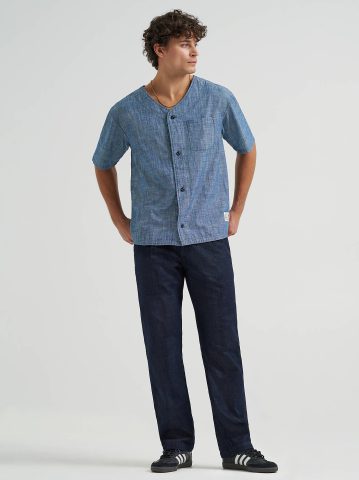 Men's Loose Chambray Button Down Baseball Shirt
