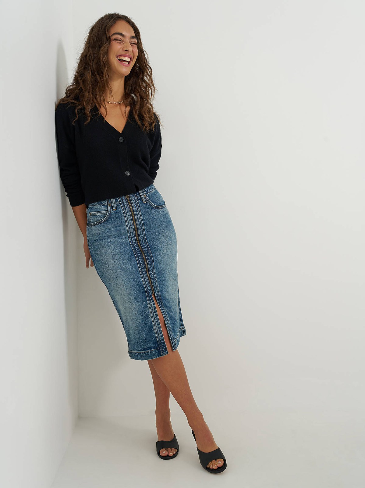 Women's High Rise Zip Front Denim Midi Skirt - view 2