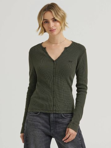 Women's Waffle Knit Henley Button Down Top