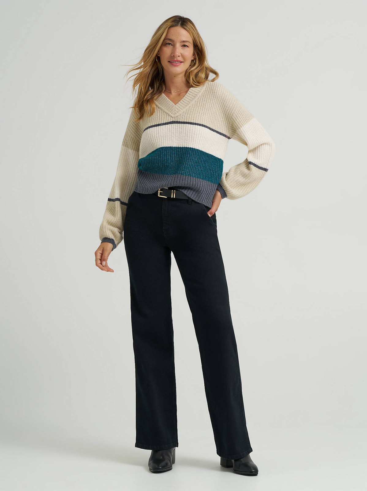 Women's Ribbed V-Neck Color Block  Sweater - view 4