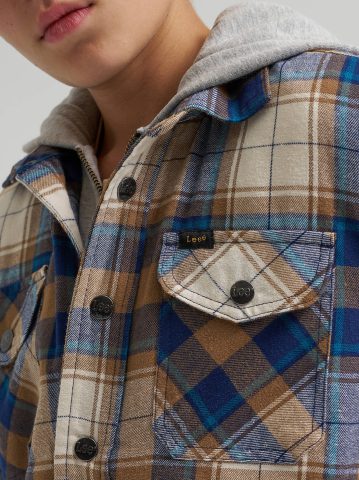 Boy's Flannel Sherpa Shacket with Fleece Lined Hood