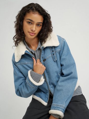 Women's Premium Sherpa Lined Aviator Denim Jacket Women's Premium Sherpa Lined Aviator Denim Jacket