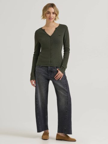 Women's Waffle Knit Henley Button Down Top
