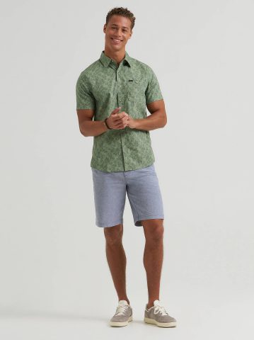 Men's Leaves Print One Pocket Button Down Shirt