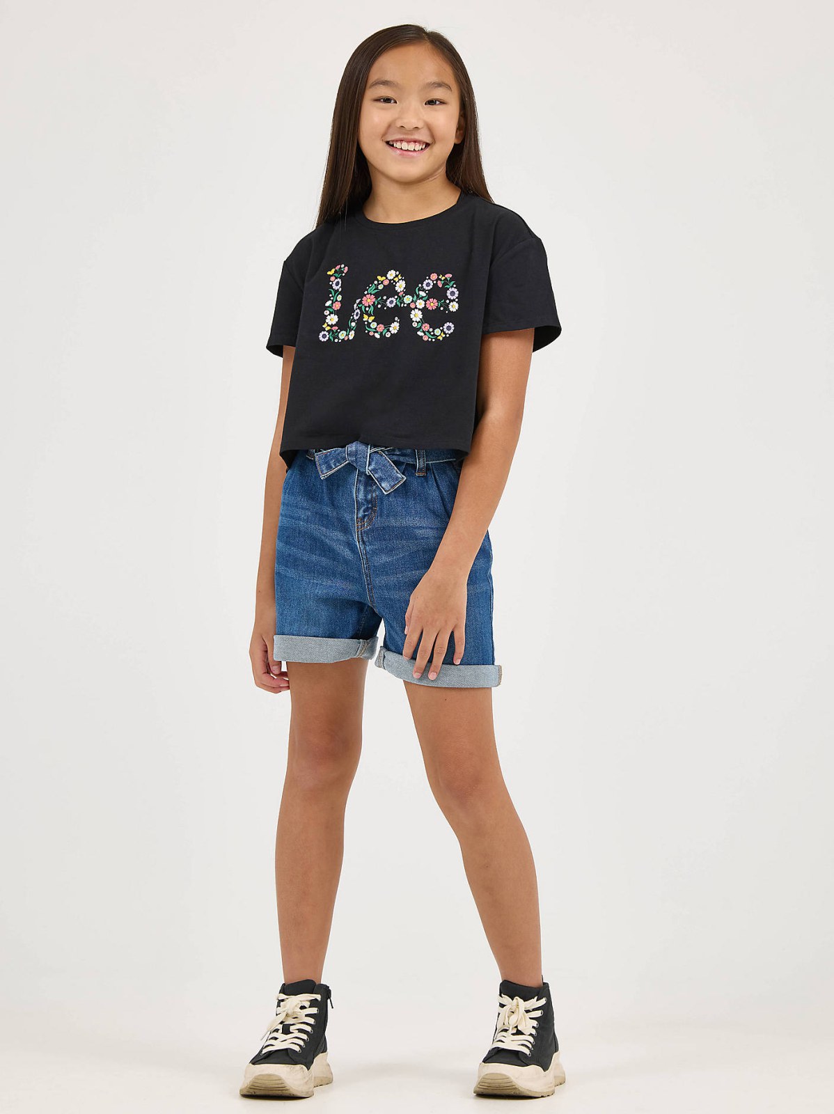Girl's Drop Shoulder Crop Floral Logo Tee - view 4